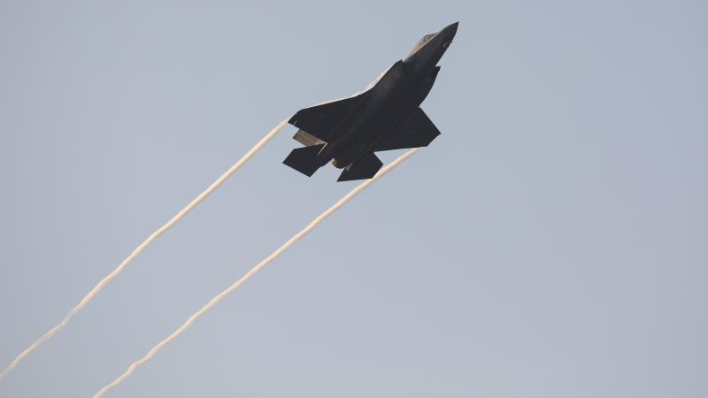 A Royal Australian Air Force F-35A Lightning II aircraft performs an aerial display during the Pitch Black Flypast over Mindil Beach, Darwin.