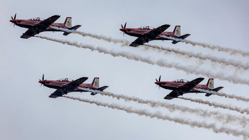 The Royal Australian Air Force Roulettes conduct an aerial display at the Avalon Australian International Airshow 2025.