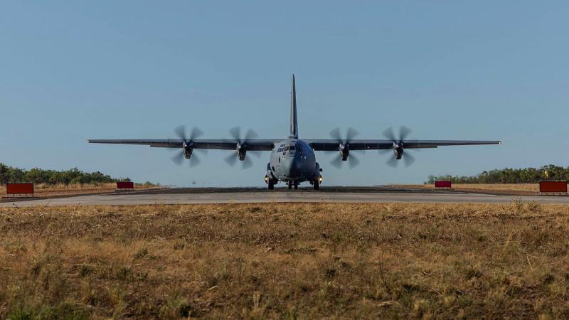 A Royal Australian Air Force, C130J Hercules Aircraft during Agile Air Basing Training at The Nackeroo Airfield in Bradshaw Field Training Area, Northern Territory.