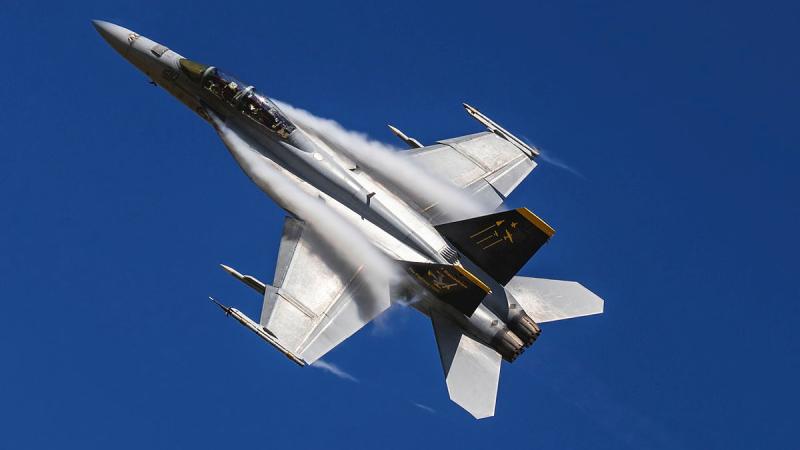 A Royal Australian Air Force F/A-18F Super Hornet performs a flying display at RAAF Base Amberley, Queensland.