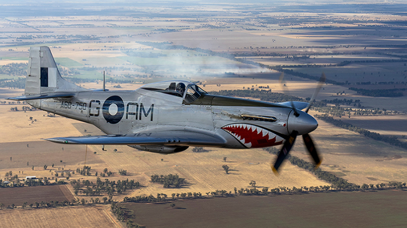 A Royal Australian Air Force CAC CA-18 Mustang aircraft from No. 100 Squadron flies over Temora, NSW in Maty 2026