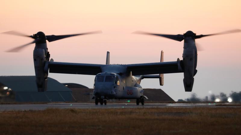 A United States Marines MV-22B Osprey taxis at sunset at RAAF Base Darwin during Exercise Diamond Storm 24.