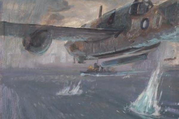 Practice attack by Beaufort torpedo bomber of No 100 Squadron at Jervis Bay, NSW. Painting by Frank Norton. Credit: ART23937, Australian War Memorial