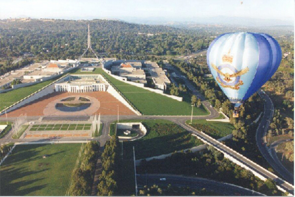 Air Force Balloon in flight over Parliament house, Canberra