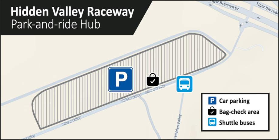 Map titled “Hidden Valley Raceway Park-and-ride Hub” showing a long, irregularly shaped parking area at Hidden Valley Raceway. The striped parking zone is marked with a large blue parking symbol. A bag-check area and shuttle bus stop are located along the southern side of the parking area near Hidden Valley Road. Surrounding roads, including Tiger Brennan Drive and Hidden Valley Road, are shown for reference. A legend identifies symbols for car parking, bag-check area and shuttle buses.