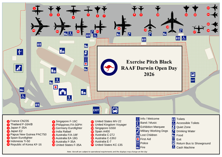 Site map for Exercise Pitch Black RAAF Darwin Open Day 2026. The map shows a central display area surrounded by visitor facilities, amenities, and aircraft exhibits. Along the northern edge, 24 numbered aircraft display positions are shown with silhouettes representing participating aircraft from Australia and international air forces, including fighters, transport aircraft, tankers, and surveillance aircraft. The centre of the site contains the main event precinct with walking paths and exhibition areas. 